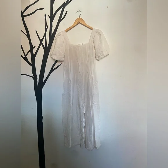 MNG Mango puff sleeve cotton long jumpsuit, cream viscose/cotton/linen blend - Picture 9 of 17